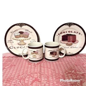 Oneida Chocolate and Cupcake Dessert Plates & Coffee Hot Cocoa Mugs 4 Piece Set